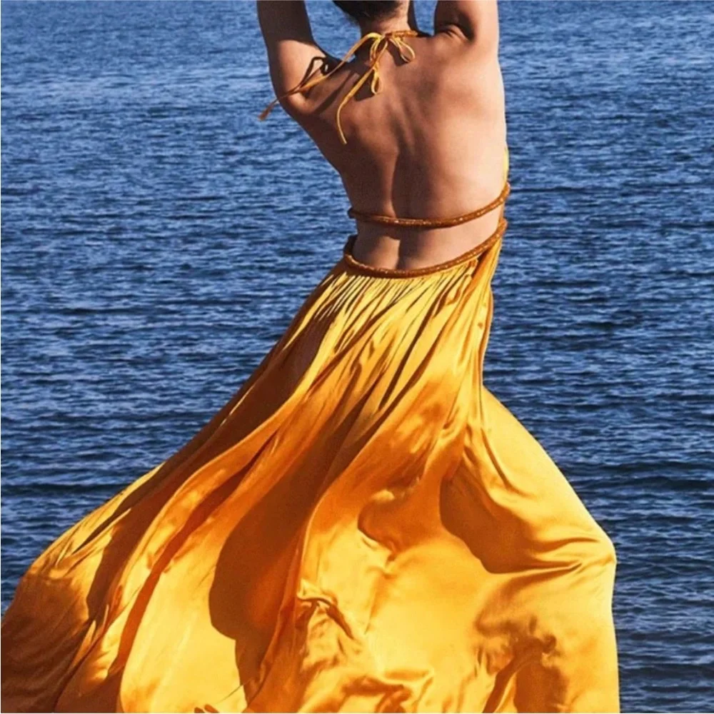 NWT Cult Gaia Salee Strappy Hand Beaded Silk Gown Marigold Size 4 - Picture 4 of 15